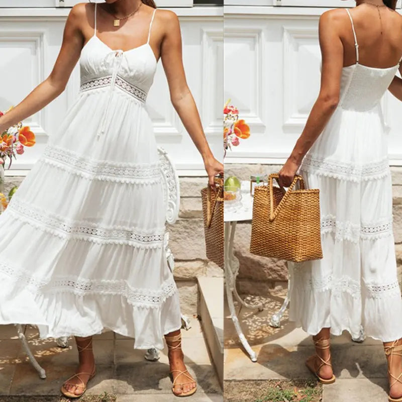 2026 Women Sexy Flower Crochet Long Dress V-Neck Sleeveless High Waist Women Summer Boho Dress Womens Clothes Vestidos
